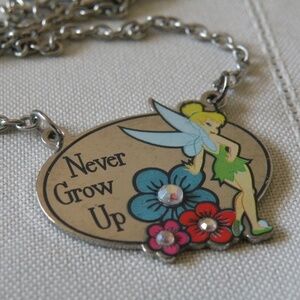 Vintage Disney Tinker Bell "Never Grow Up" Silver Tone & Enamel Pendant Necklace